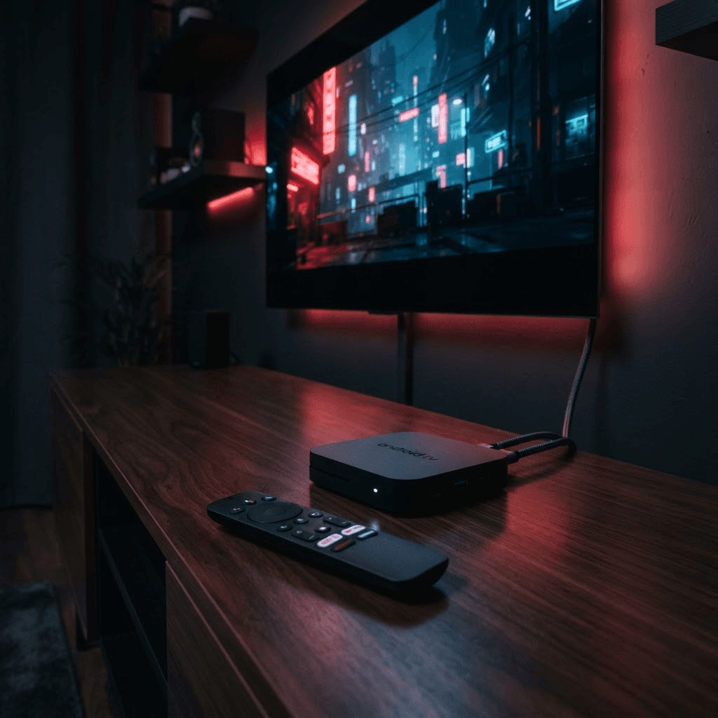 Android TV Box mit Fernbedienung an einen Fernseher angeschlossen