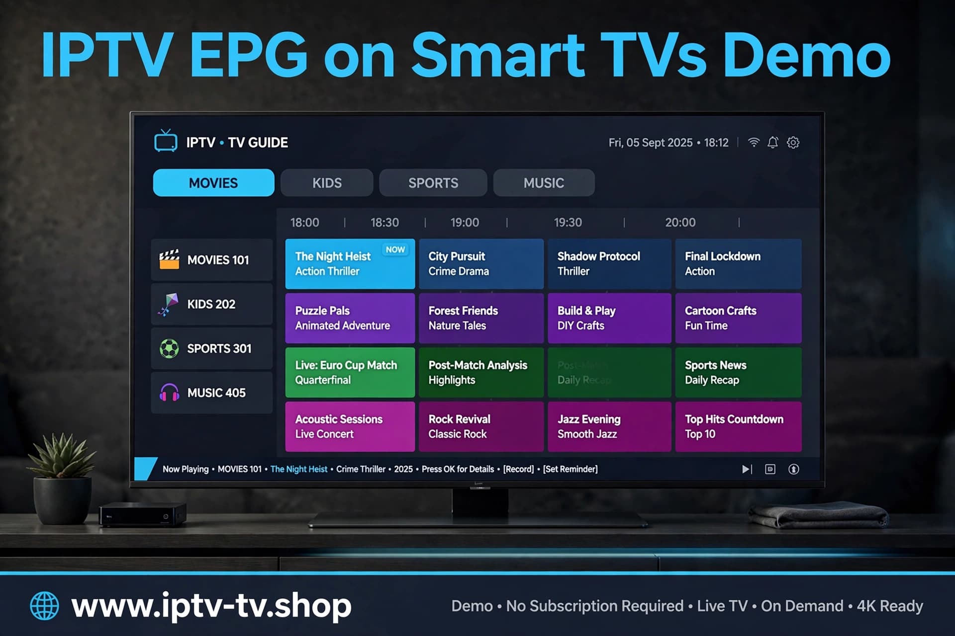 IPTV Smarters Pro EPG-Ansicht auf einem Smart TV im Wohnzimmer