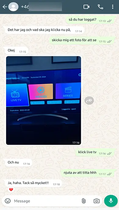 Kundfeedback på WhatsApp om IPTV TV-tjänsten