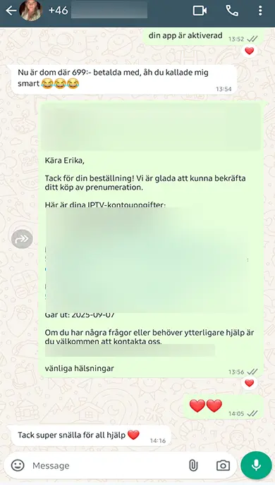 Riktig kundrecension på WhatsApp om vår IPTV-abonnemang